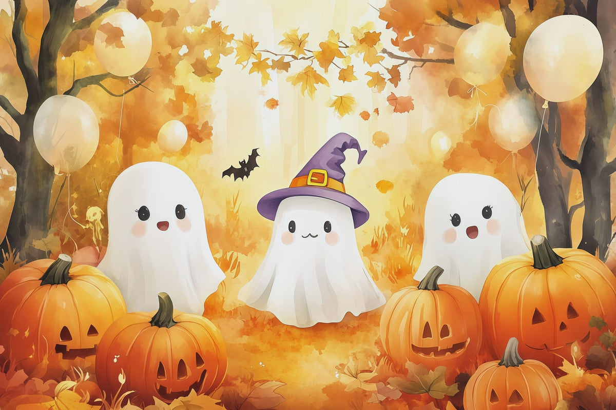 Fotohintergrund Kürbisbeet Herbstliche Geisterversammlung Niedlicher Halloween-Fotohintergrund RR67-178