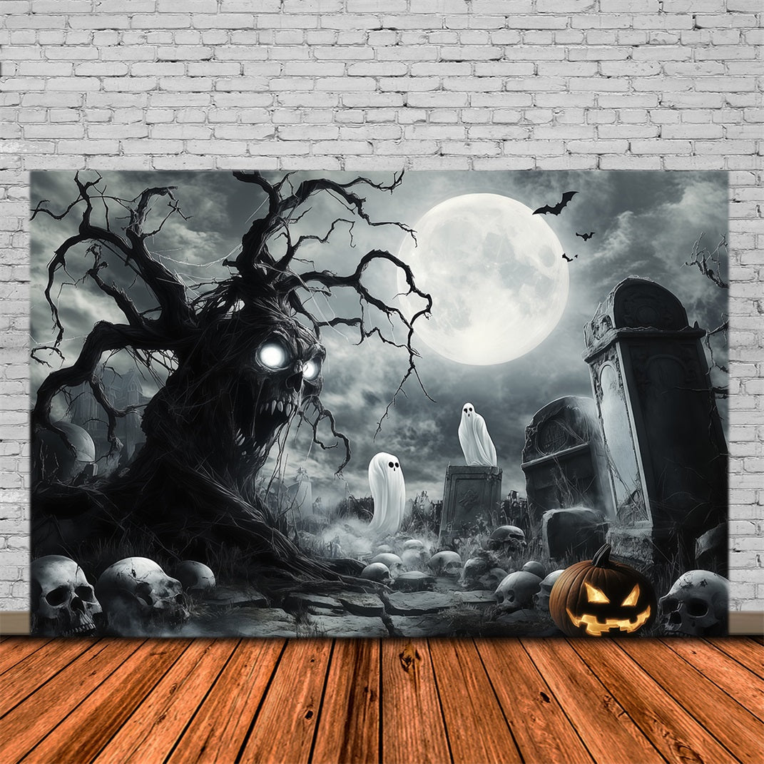 Halloween-GeisterkulisseGruseliger Totenkopfbaum Auf Dem Friedhof RR67-18