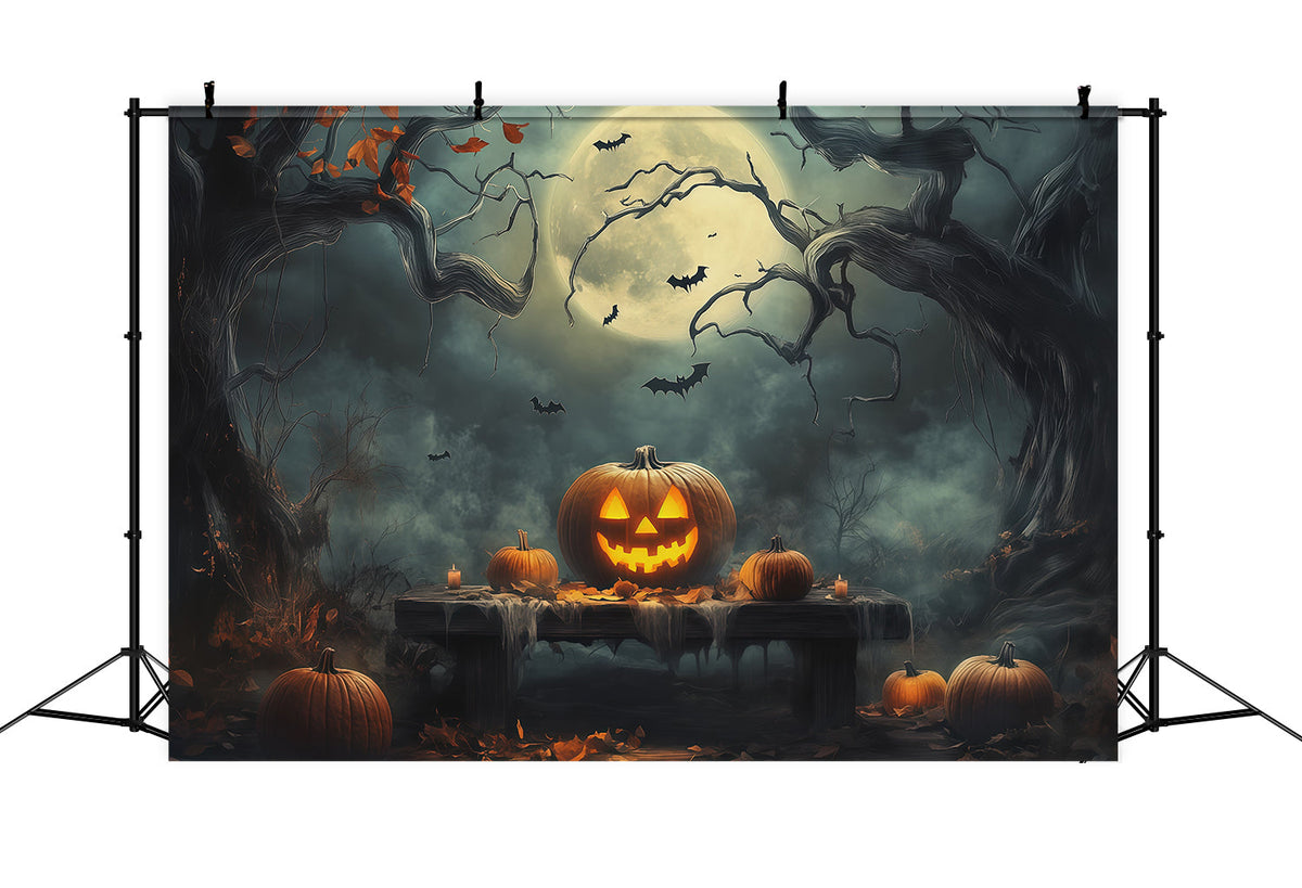 Halloween-Kulisse Mit Kürbissen Mondbeschienener Wald Tisch Fotobox-Ideen Für Halloween-Kulissen RR67-180