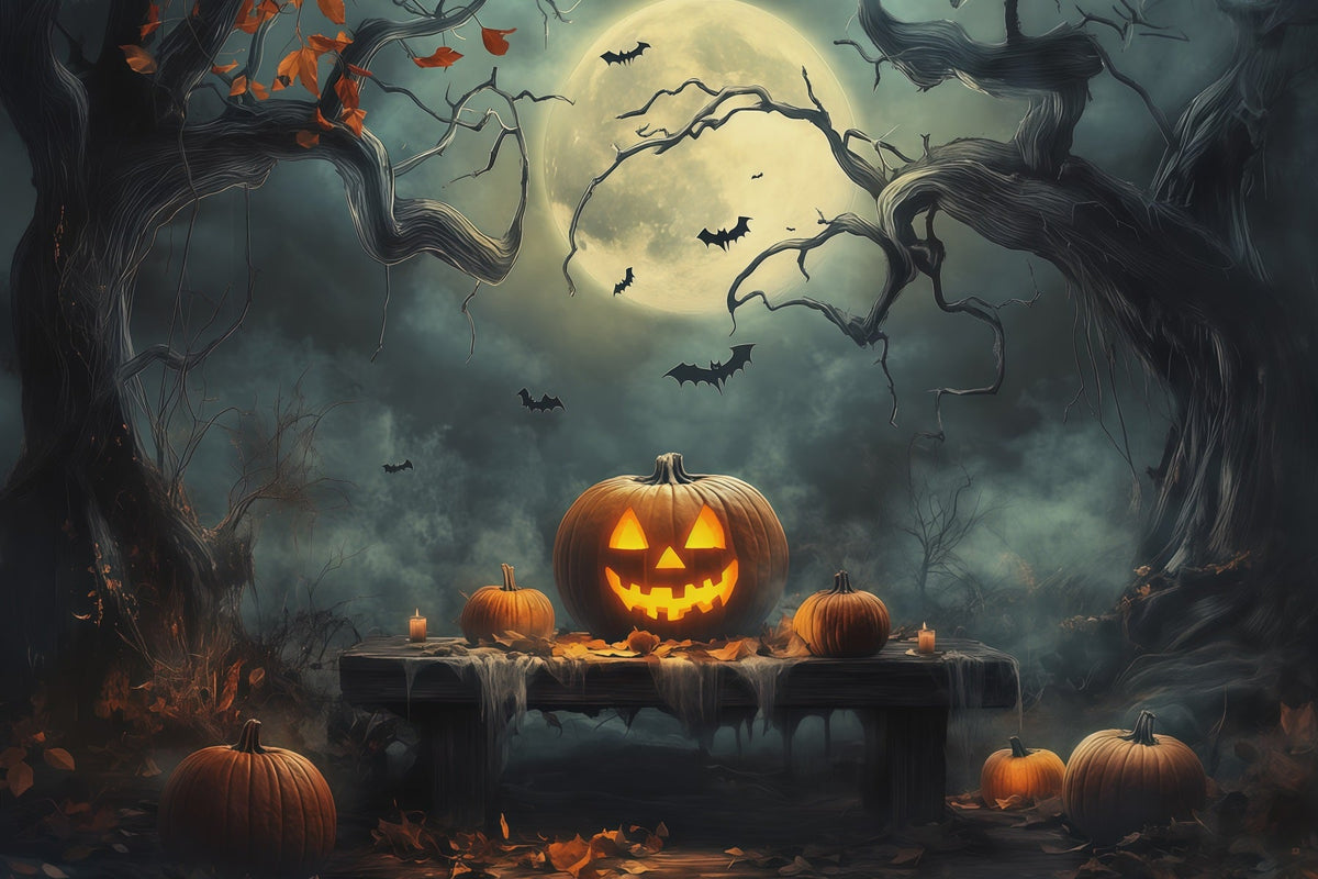 Halloween-Kulisse Mit Kürbissen Mondbeschienener Wald Tisch Fotobox-Ideen Für Halloween-Kulissen RR67-180