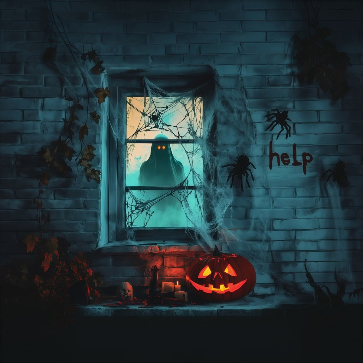 Gruselige Mädchen-Fensterkulisse Unheimliche Geisternetze Halloween-Garagekulisse RR67-188