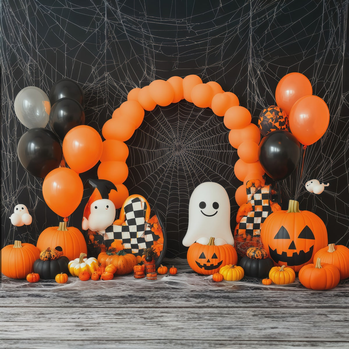 Halloween-Hintergrund Mit Ballonbogen Geist Kürbis Und Spinnennetz Party-Stoffhintergrund RR67-194