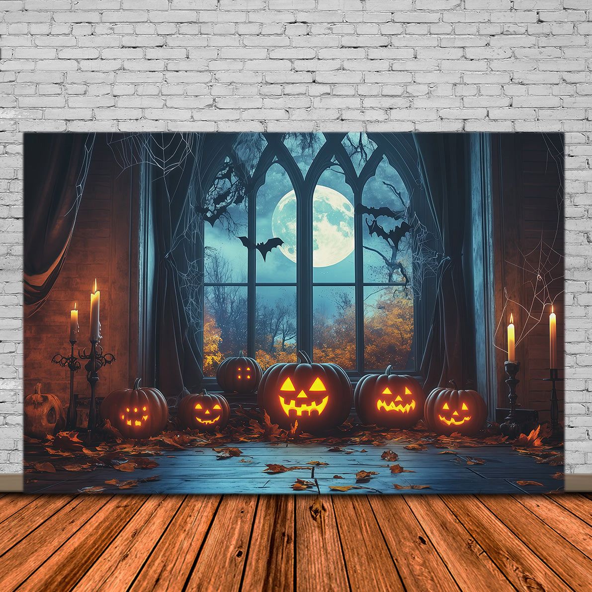 Halloween-Kulisse Mit Fenster Gotischem Motiv Mondbeschienenem Kürbis Und Bogen RR67-195