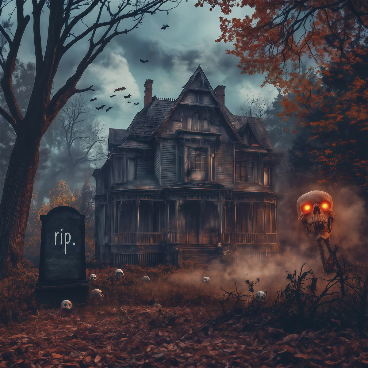 Hintergrundkulisse Spukhaus Nebliger Totenkopf Spukhaus-Halloween-Hintergrund Fotokabine RR67-196