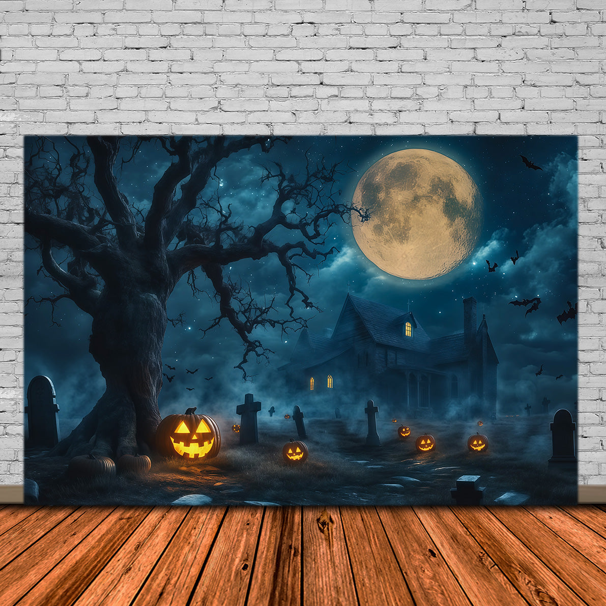 Hintergrundbanner Für Ein Spukhaus Mondbeschienener Kürbis Friedhof Herrenhaus Halloween-Bühnenhintergrund RR67-197