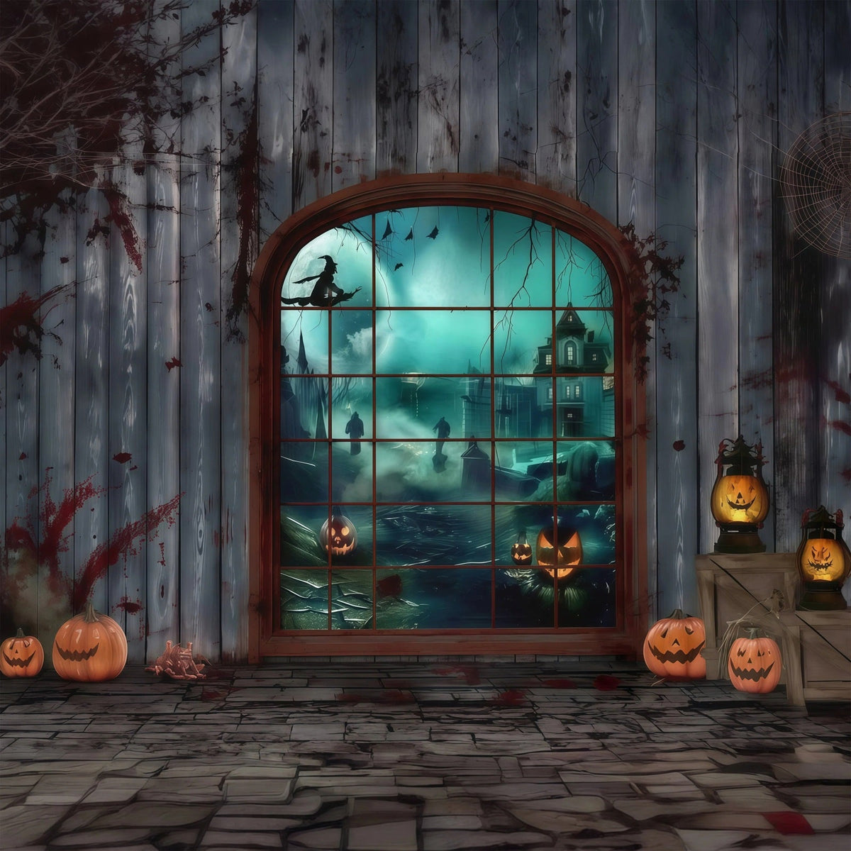 Halloween-Blutkulisse Gotisches Fenster Hexenkürbisse Halloween-Kulissen RR67-2