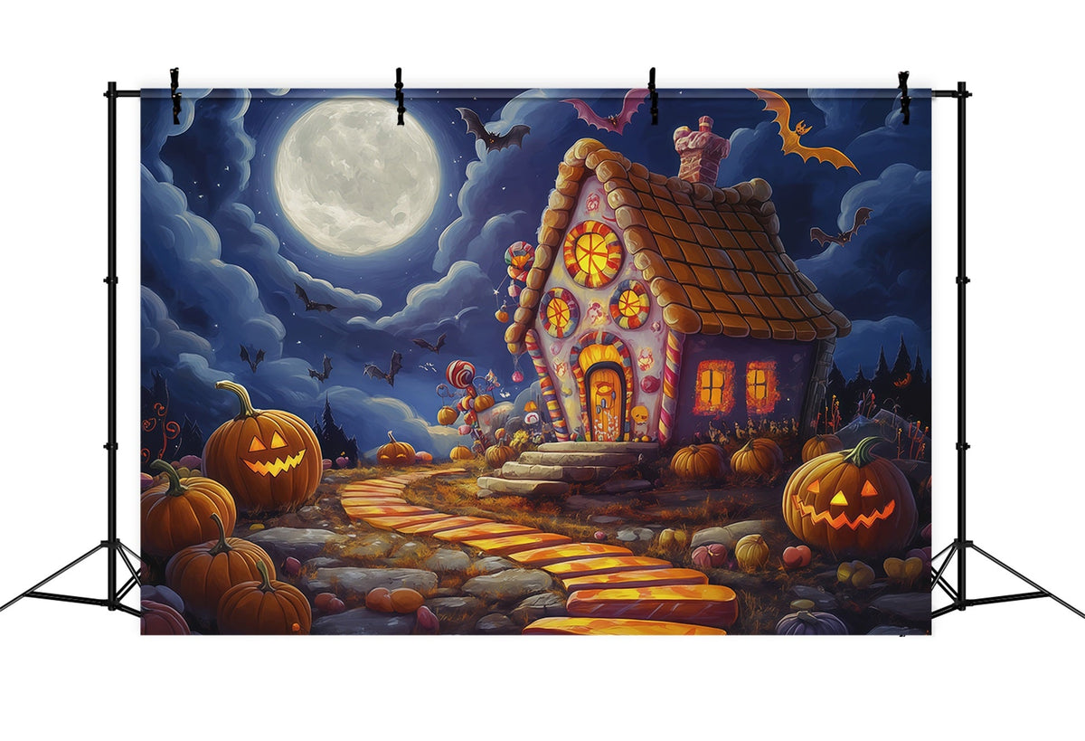 Halloween-Fotohintergrund Für Die FotoboxMondbeschienenes Süßigkeitenhaus Mit Kürbissen Niedlicher Halloween-Hintergrund RR67-23