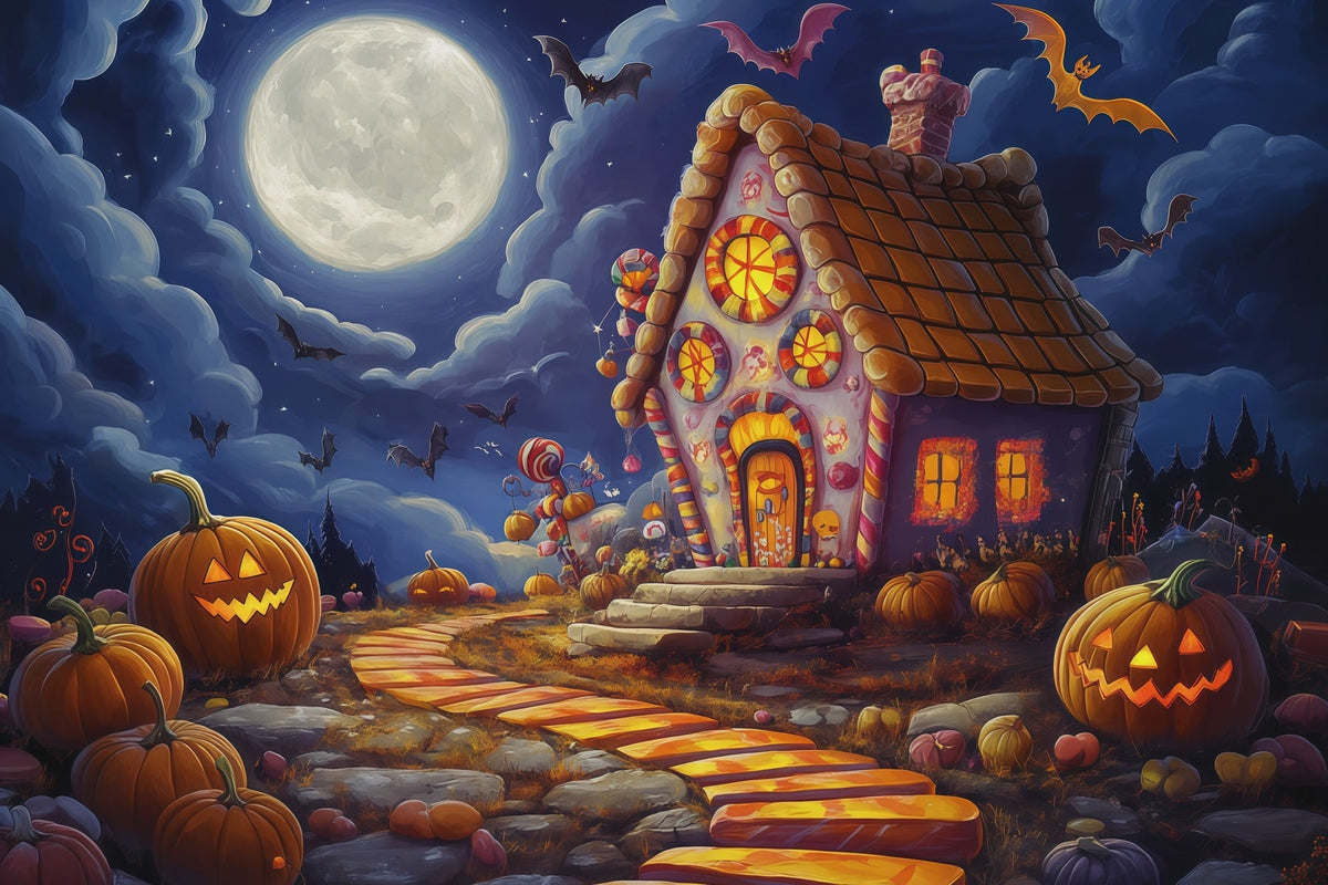 Halloween-Fotohintergrund Für Die FotoboxMondbeschienenes Süßigkeitenhaus Mit Kürbissen Niedlicher Halloween-Hintergrund RR67-23