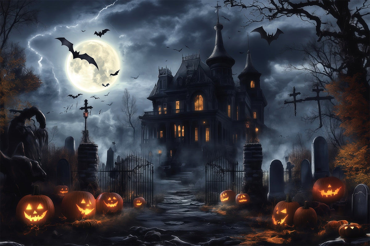 Gruselige Halloween-KulisseStürmisches Herrenhaus Kürbisfriedhof RR67-24
