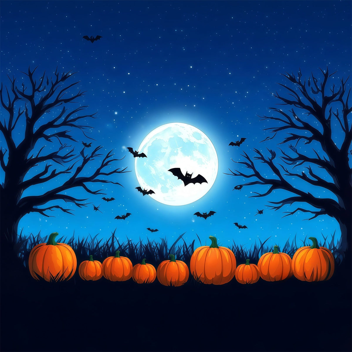 Halloween-Fotohintergrund Mit Blauem Mond Kürbissen Und Fledermäusen RR67-34