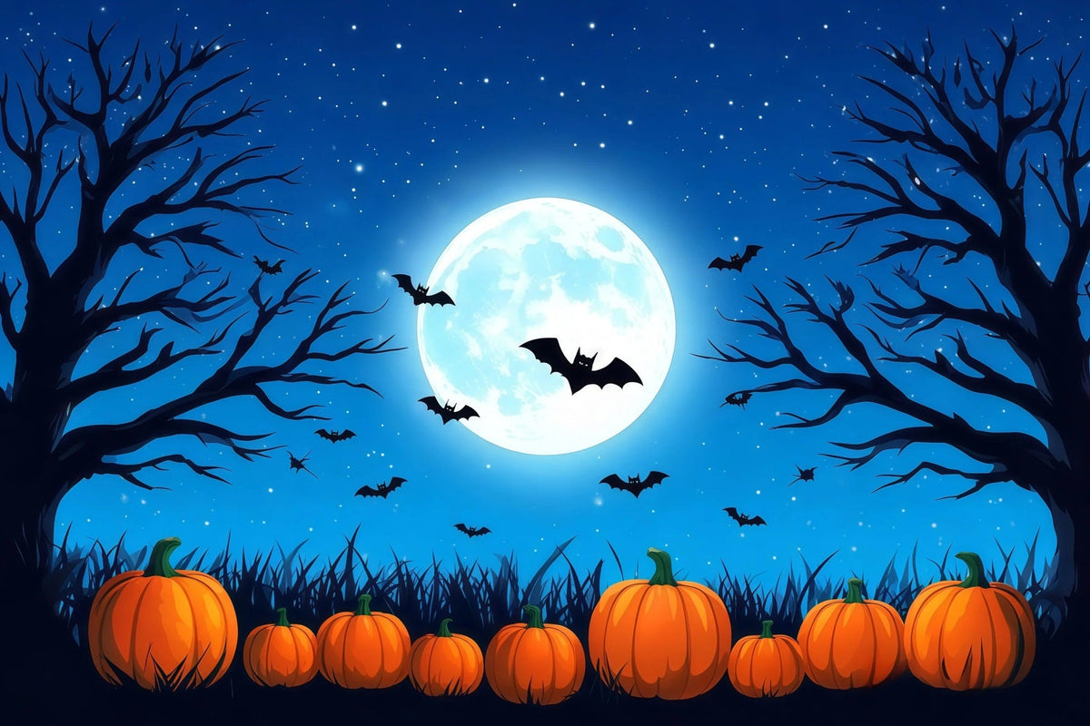 Halloween-Fotohintergrund Mit Blauem Mond Kürbissen Und Fledermäusen RR67-34