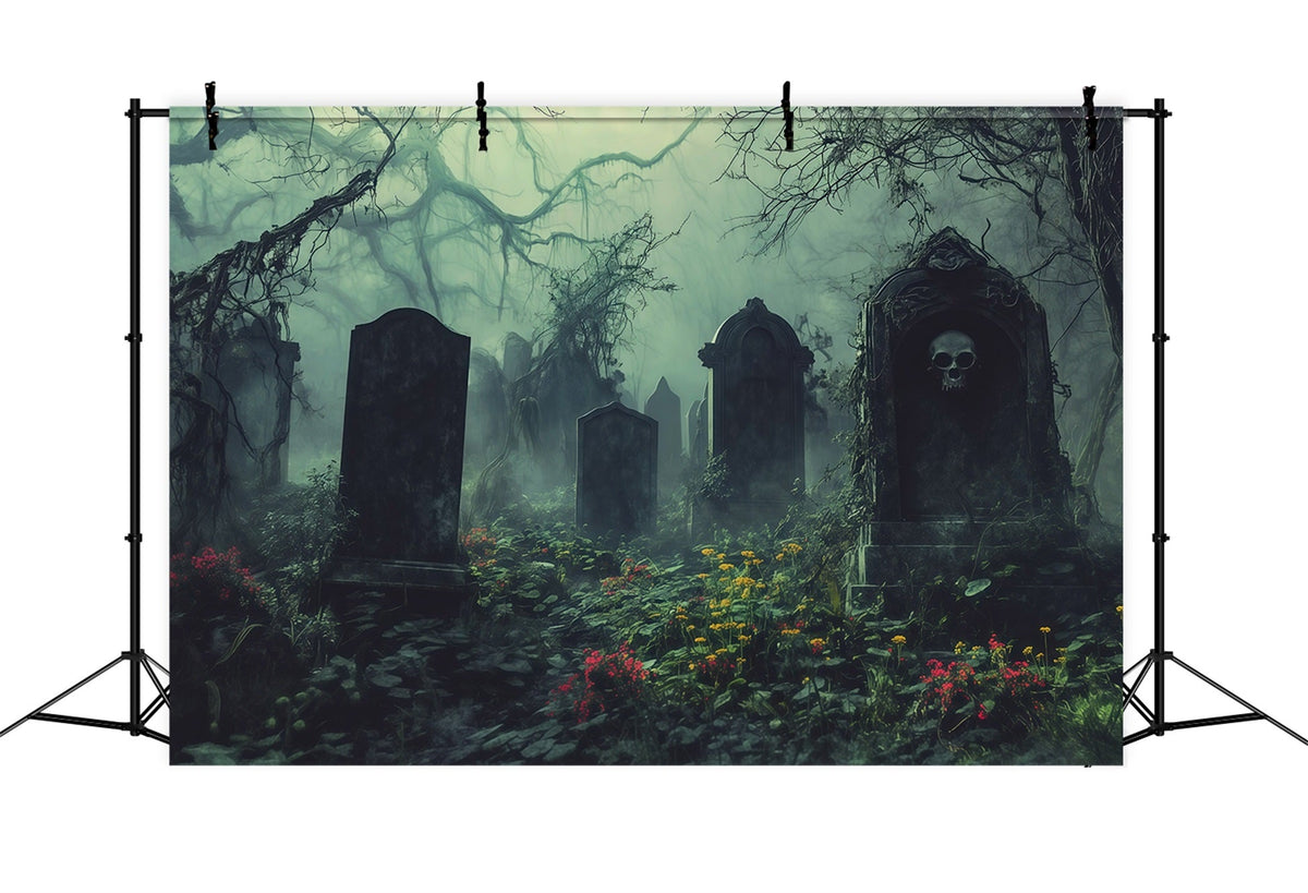 Halloween-StoffkulisseNebelverhangener Überwucherter Friedhof Mit Grabsteinen RR67-43