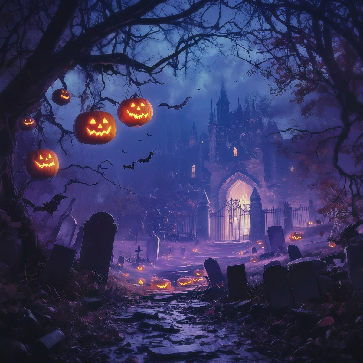 Halloween-Hintergrundideen Zum SelbermachenLila Burg Kürbis Friedhof Lila Halloween-Hintergrund RR67-44