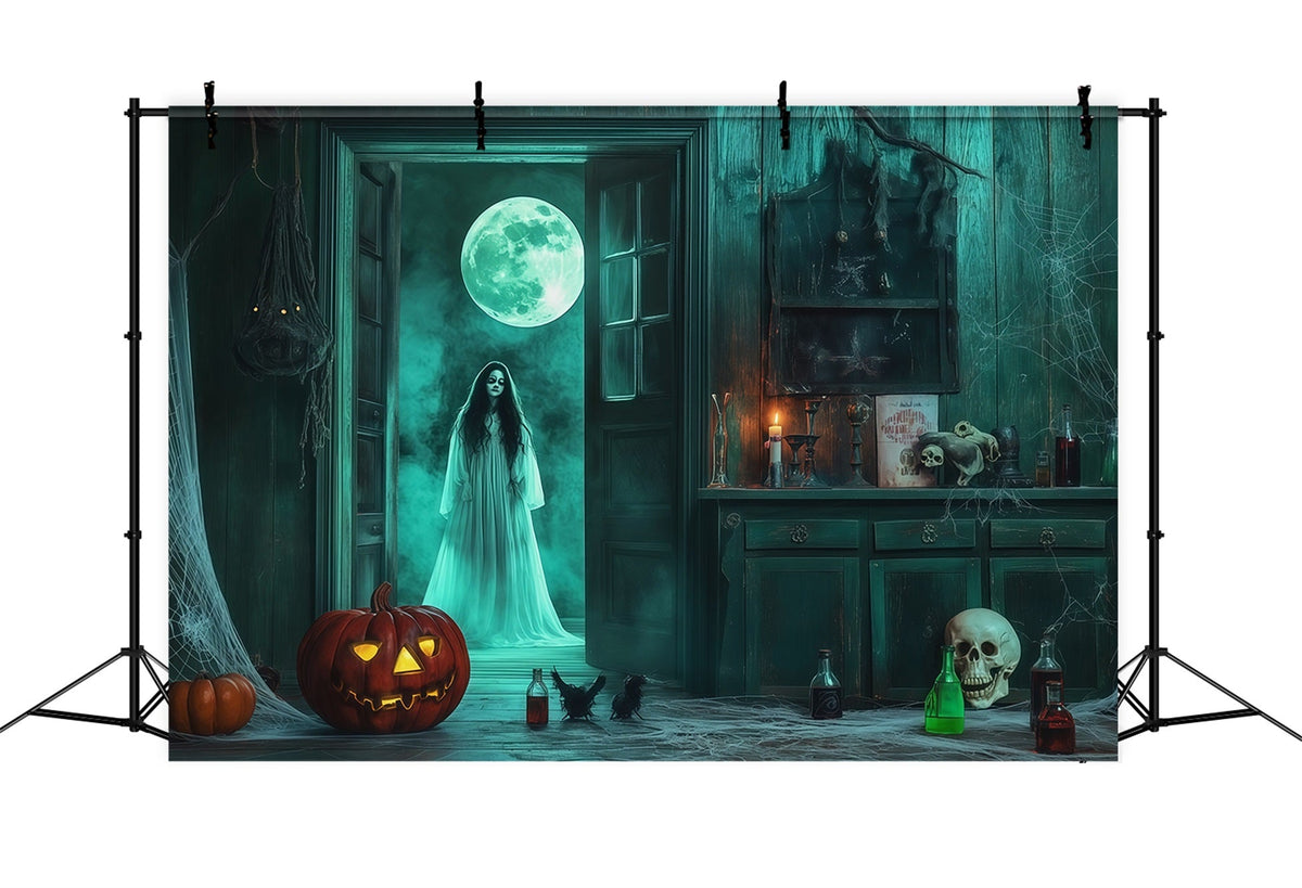 Gruselige Halloween-FotohintergründeGeisterhafter Mond Schrankraum Fröhlicher Halloween-Hintergrund RR67-47