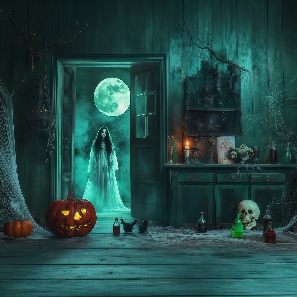 Gruselige Halloween-FotohintergründeGeisterhafter Mond Schrankraum Fröhlicher Halloween-Hintergrund RR67-47