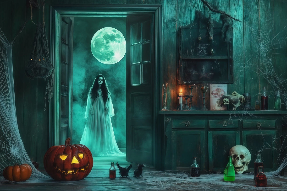 Gruselige Halloween-FotohintergründeGeisterhafter Mond Schrankraum Fröhlicher Halloween-Hintergrund RR67-47