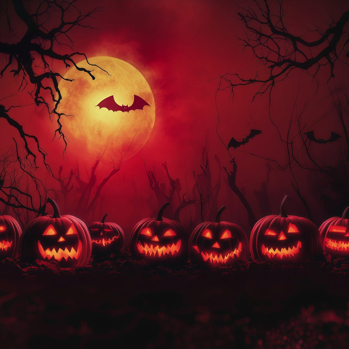 Einfacher Halloween-Hintergrund Mit Rotem Mond Kürbissen Und Fledermäusen Extra Großer Halloween-Hintergrund RR67-48