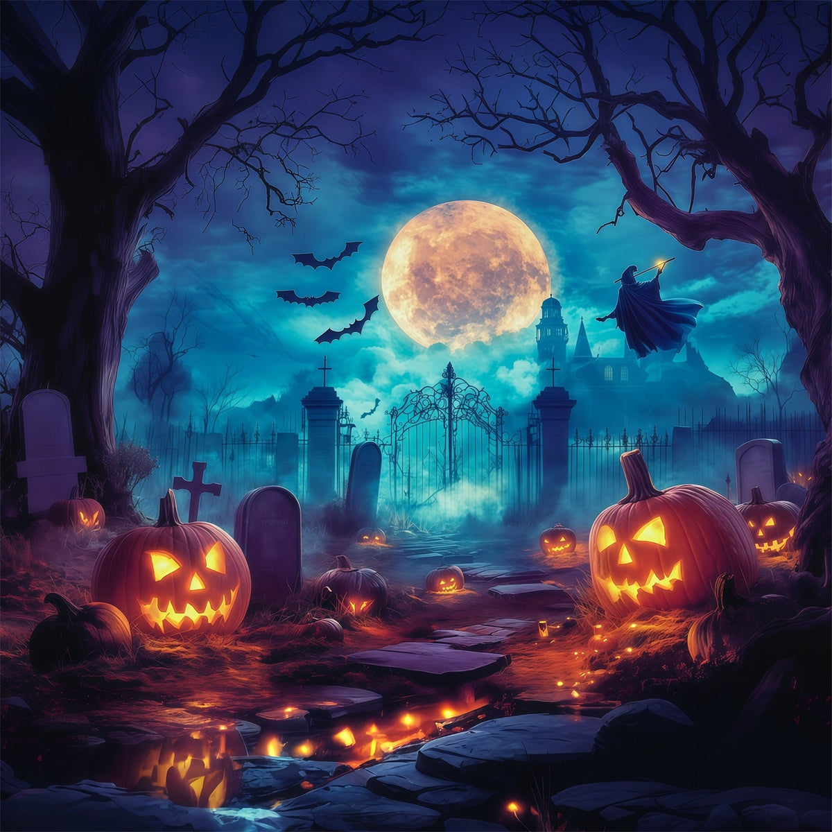 Halloween-HintergrundkulissenMondbeschienene Hexe Kürbis Friedhof Ideen Für Halloween-Hintergründe RR67-5