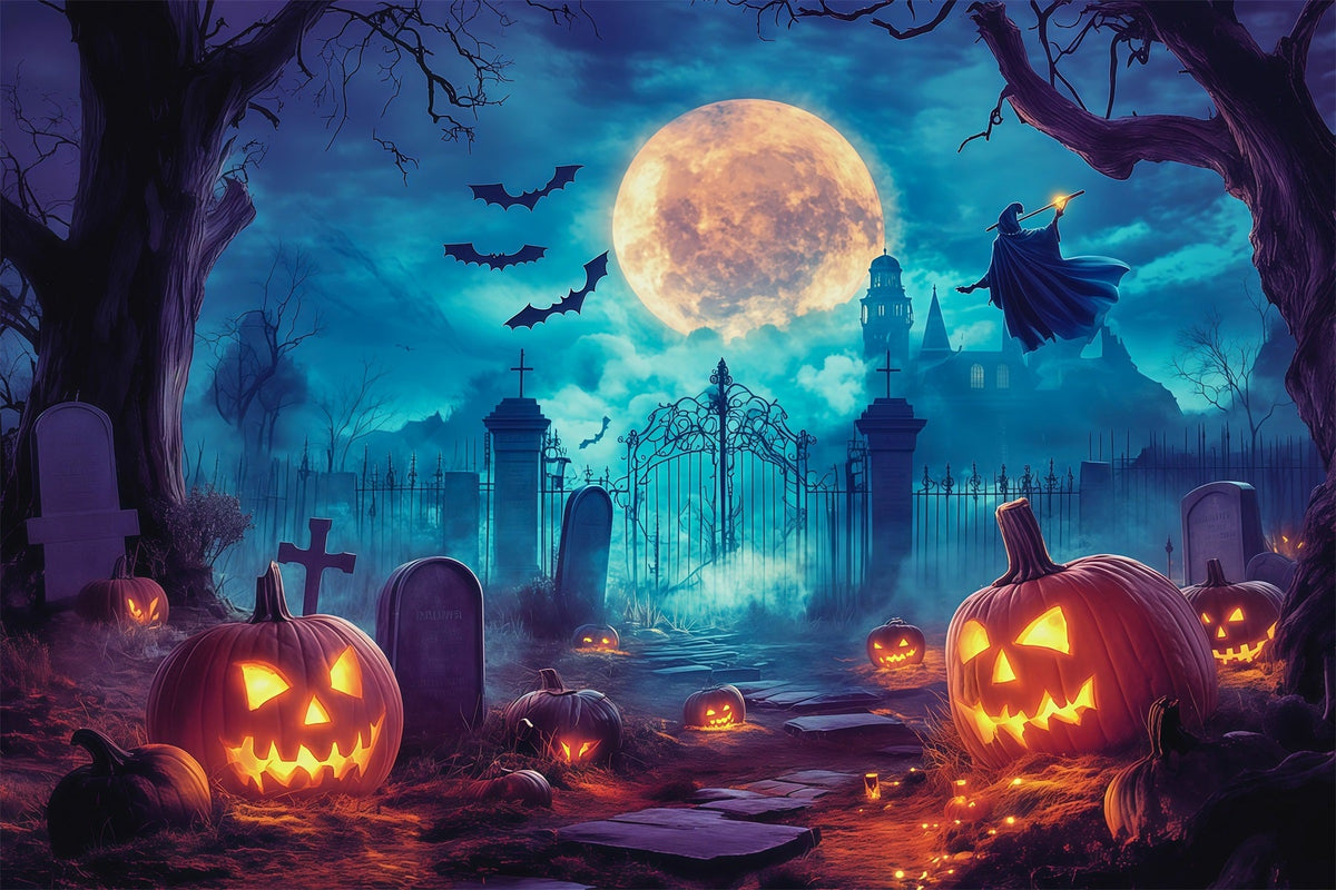 Halloween-HintergrundkulissenMondbeschienene Hexe Kürbis Friedhof Ideen Für Halloween-Hintergründe RR67-5