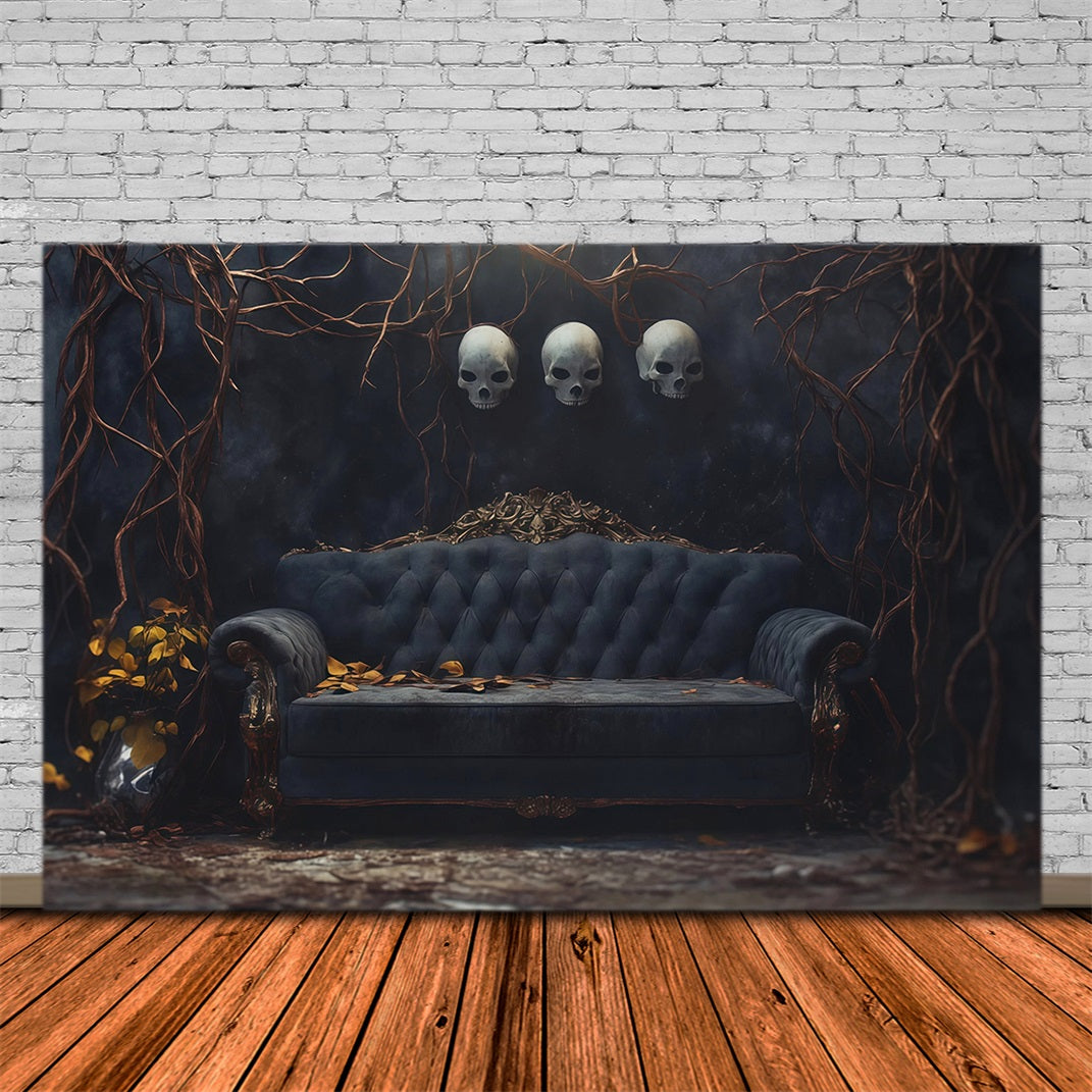 Halloween-Fotohintergrund Mit Totenkopf-Sofa Und Ranken RR67-54