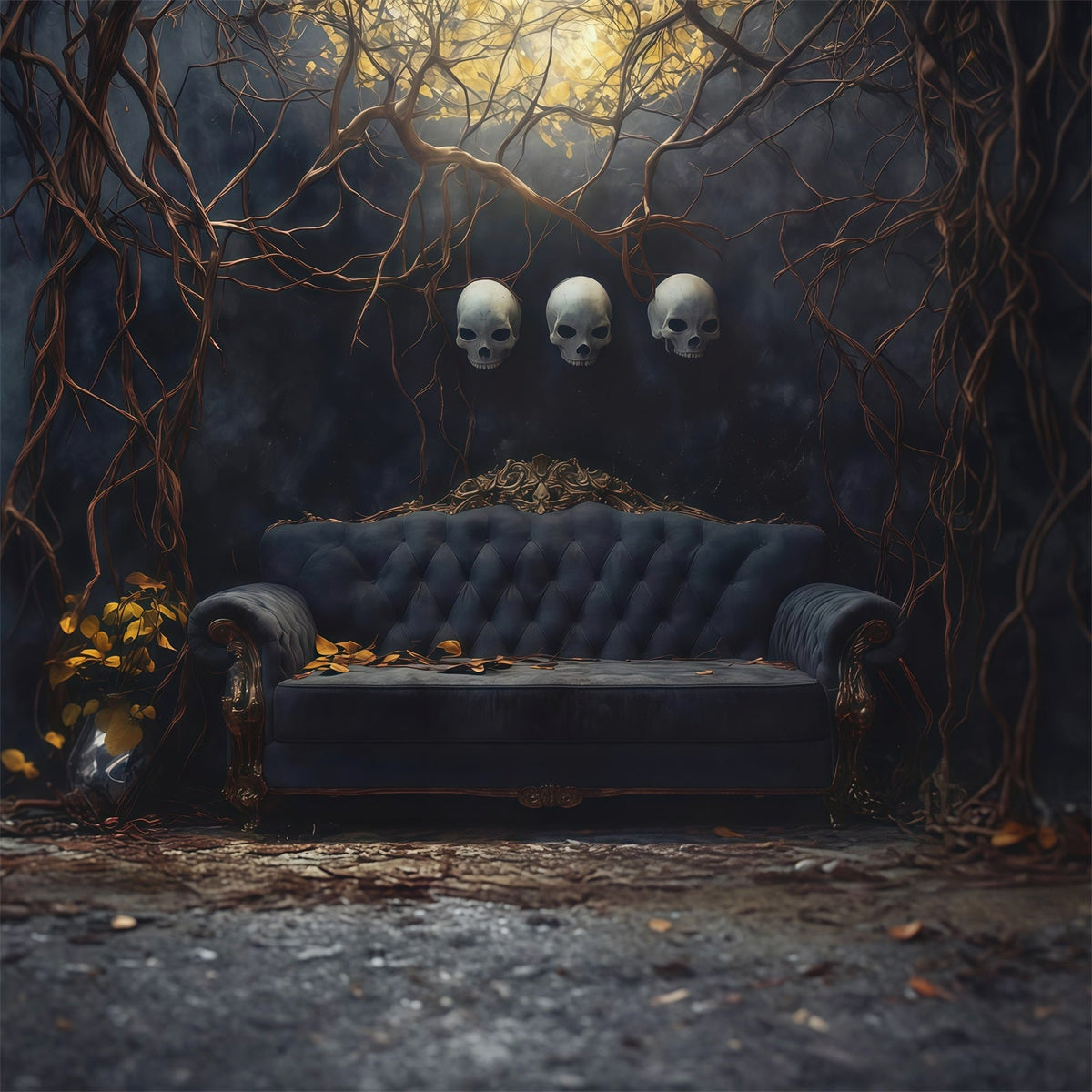Halloween-Fotohintergrund Mit Totenkopf-Sofa Und Ranken RR67-54