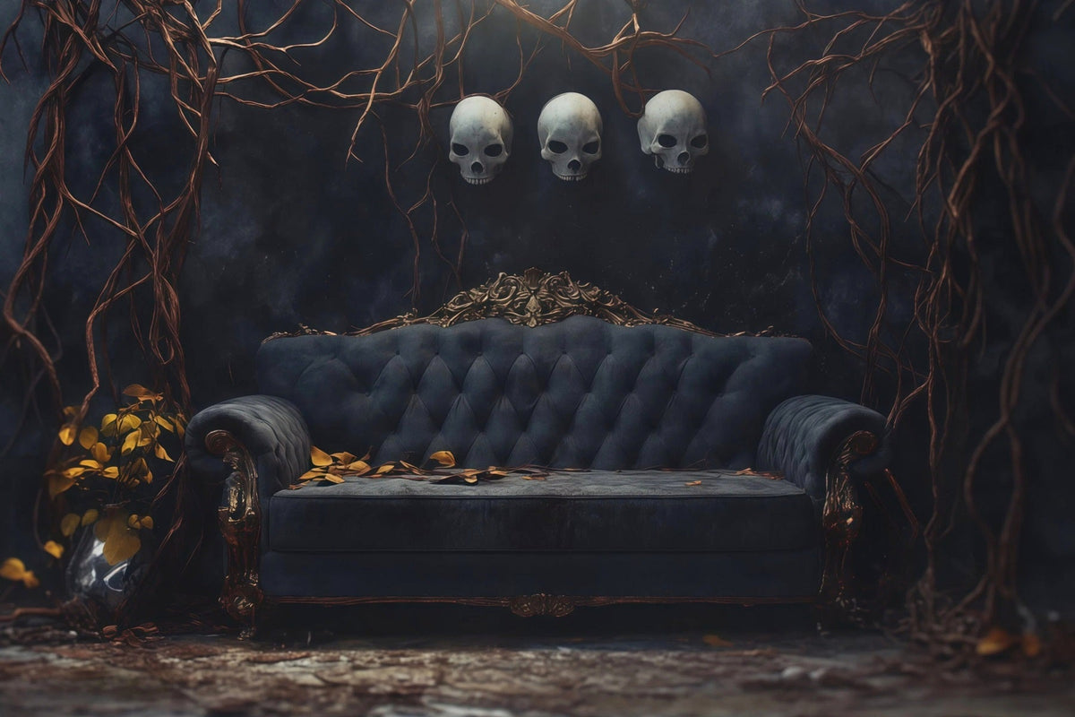 Halloween-Fotohintergrund Mit Totenkopf-Sofa Und Ranken RR67-54