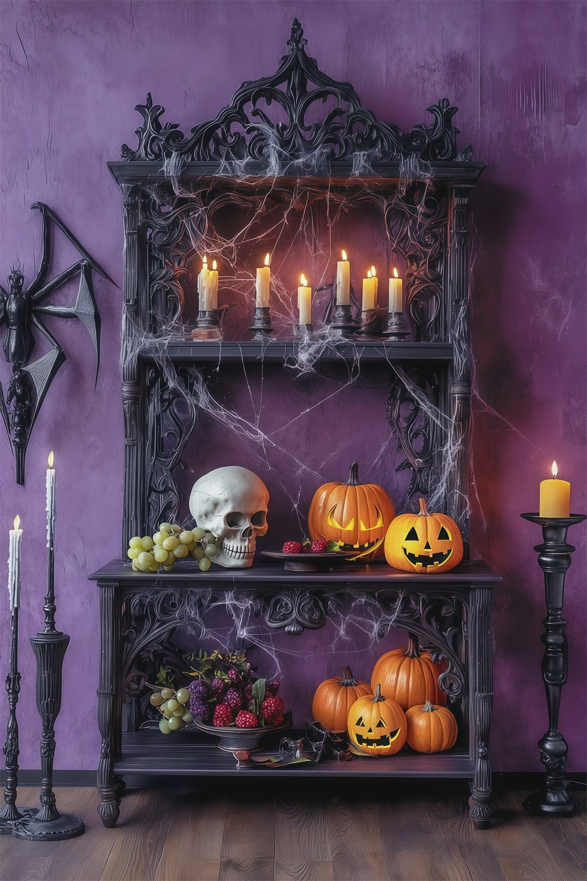 Halloween-Hintergrundkulisse Lila Kerzen-Totenkopf-Regal Halloween-Hintergrundideen RR67-55