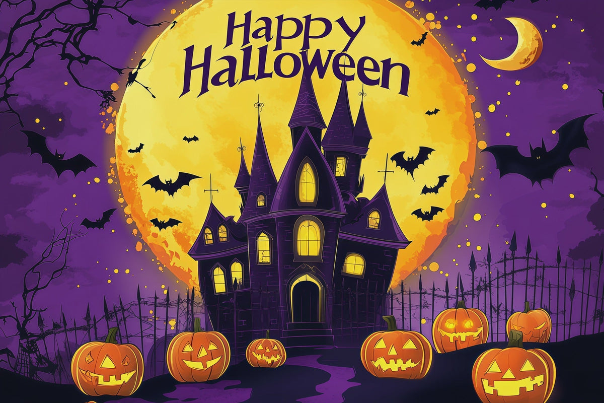 Niedliche Halloween-Hintergründe Lila Schloss Kürbis Mond Halloween-Hintergründe Szenenaufbauten RR67-6