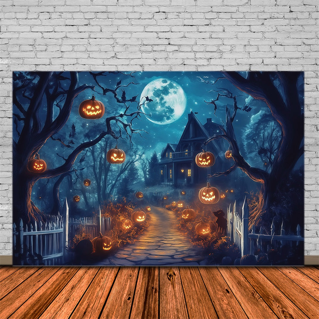 Halloween-Fotohintergrund Im FreienMondbeschienener Kürbishausweg Halloween-Fotohintergründe RR67-61