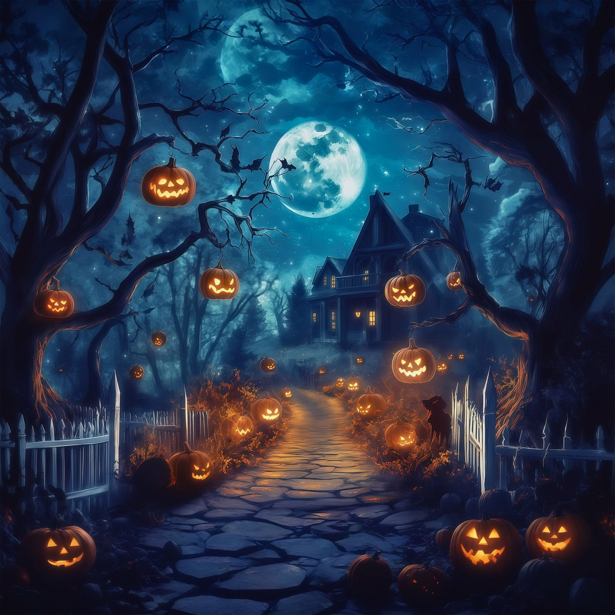 Halloween-Fotohintergrund Im FreienMondbeschienener Kürbishausweg Halloween-Fotohintergründe RR67-61