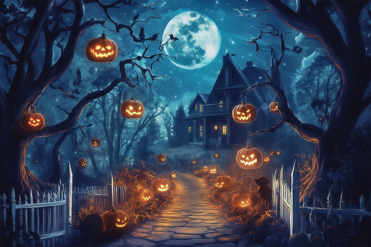 Halloween-Fotohintergrund Im FreienMondbeschienener Kürbishausweg Halloween-Fotohintergründe RR67-61