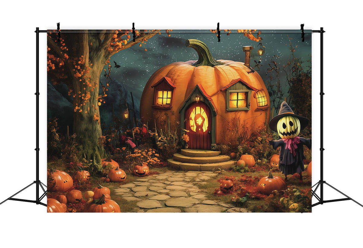 Halloween-Kürbis-Hintergrund Kürbishütte Vogelscheuche Garten Halloween-Fotohintergrund-Ideen RR67-62