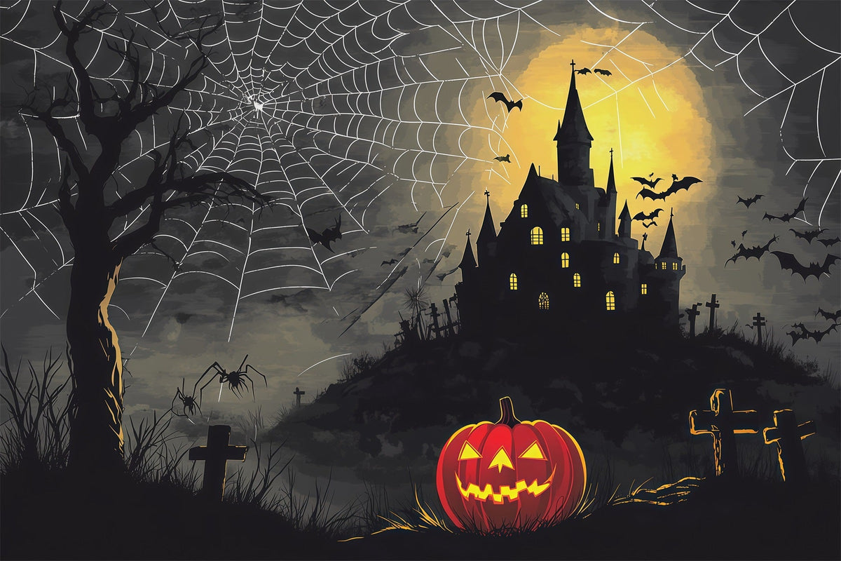 Gruselige Halloween-KulisseSpinnennetzschloss Kürbisnacht RR67-74