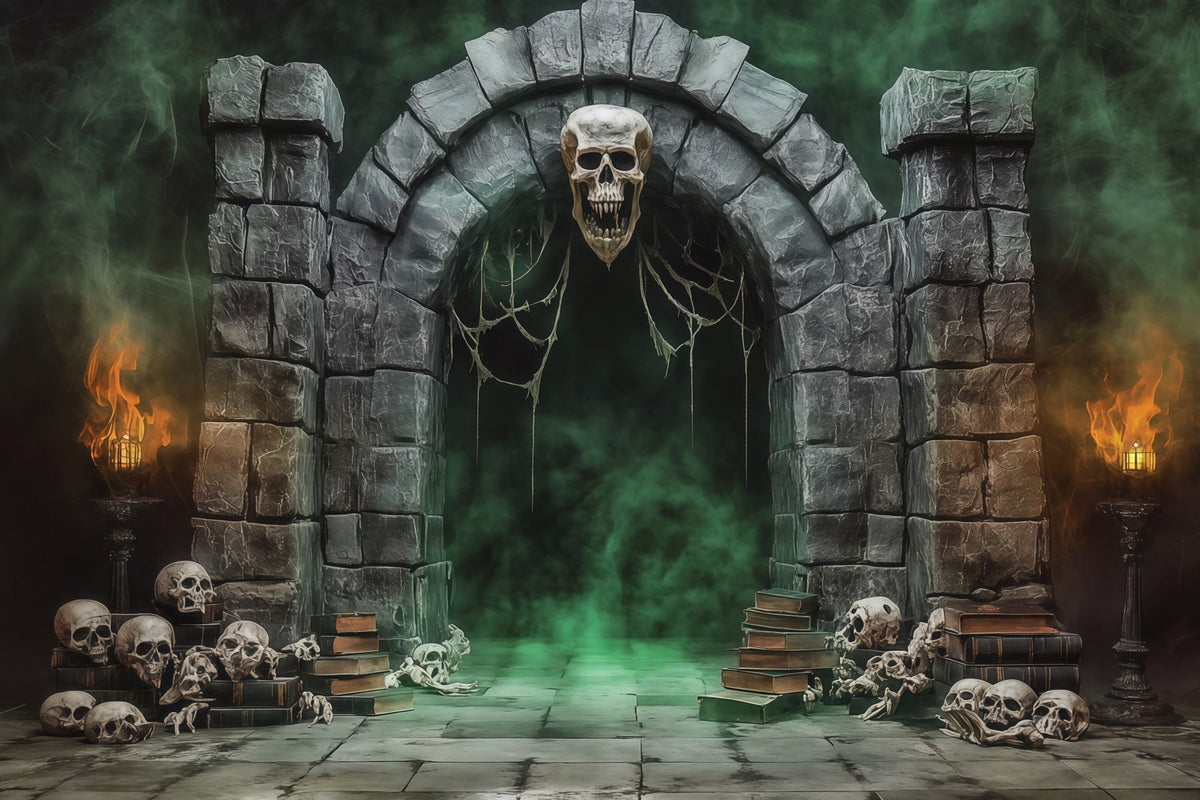 Halloween-Hintergrund Aus Stoff Totenkopf Steinportal Nebel-Halloween-Hintergrund Für Fotos RR67-79