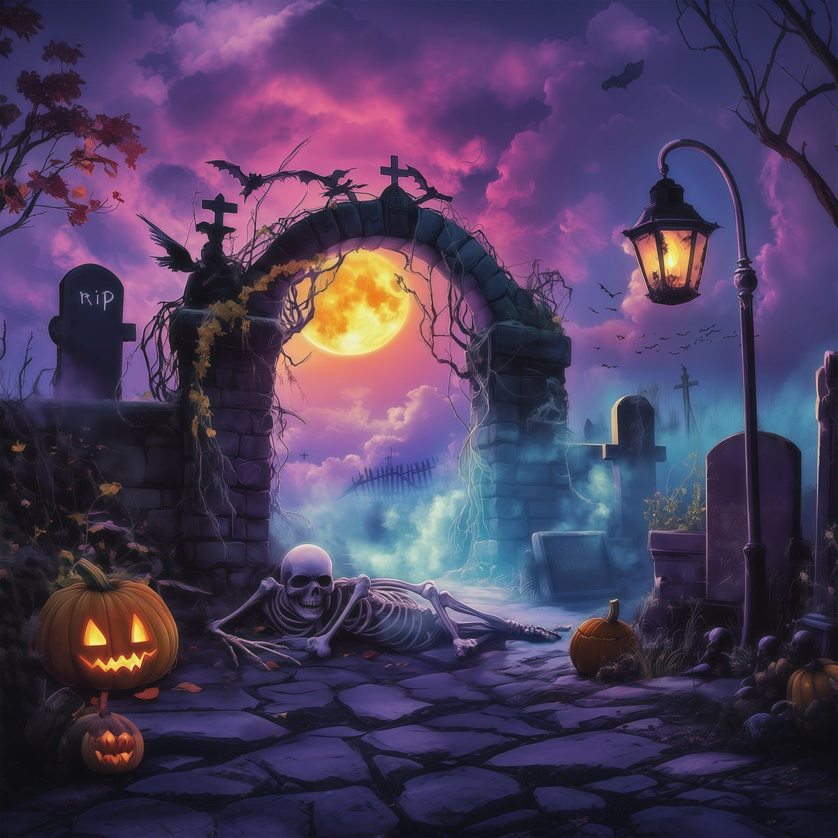 Halloween-Hintergrund Für Den Außenbereich Mondbeschienener Friedhofsbogen Mit Skelett Gruseliger Halloween-Hintergrund RR67-9