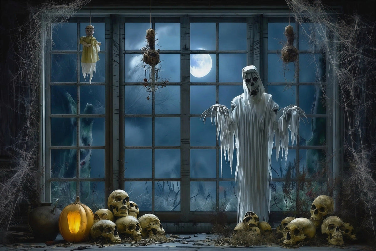 Halloween-FotohintergrundGeister-Fenster-Totenkopf-Dekoration Gruseliger Halloween-Hintergrund RR67-92