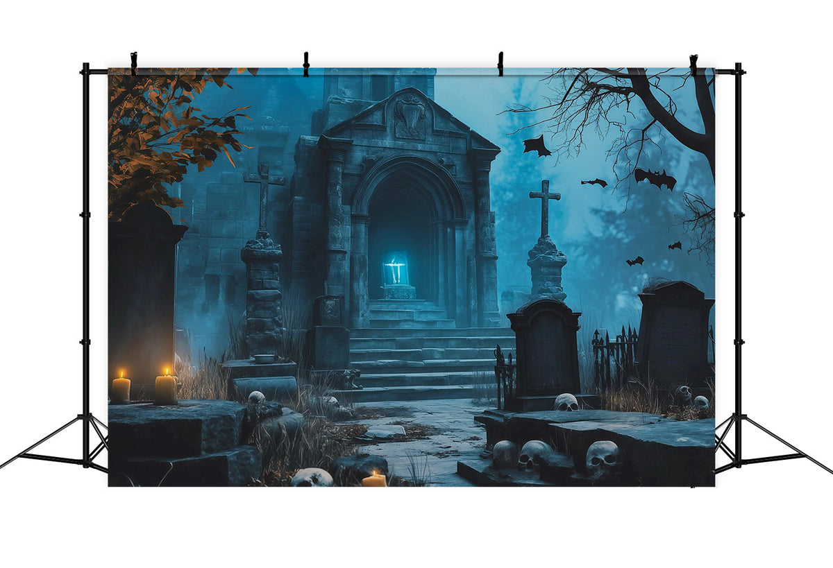 Halloween-Stoffhintergrund Blaue Krypta Kerzen Gräber Friedhof Halloween Hintergründe RR67-93