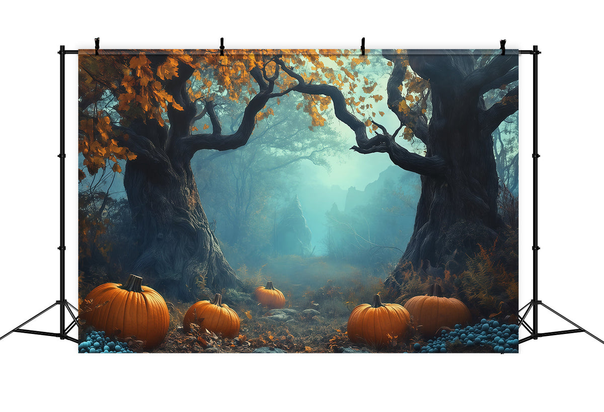 Halloween-Party-Fotohintergrund-IdeenNebeliger Kürbiswaldweg Gruseliger Halloween-Hintergrund RR67-95
