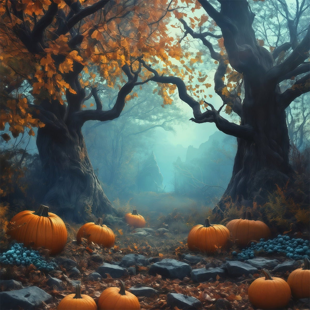 Halloween-Party-Fotohintergrund-IdeenNebeliger Kürbiswaldweg Gruseliger Halloween-Hintergrund RR67-95