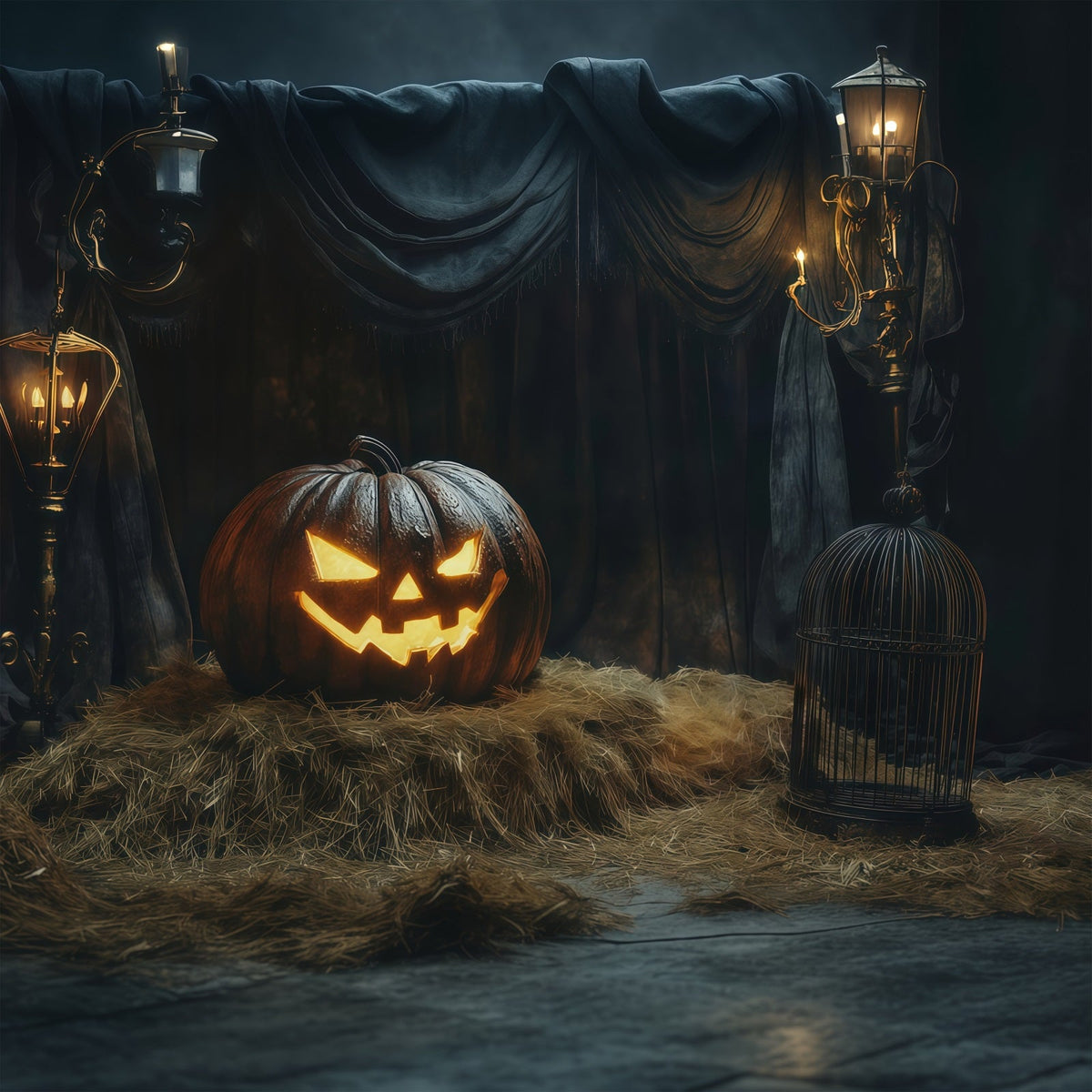 Halloween-KulisseLeuchtender Kürbis Heu-Dekoration Hintergrund Für Halloween RR67-96