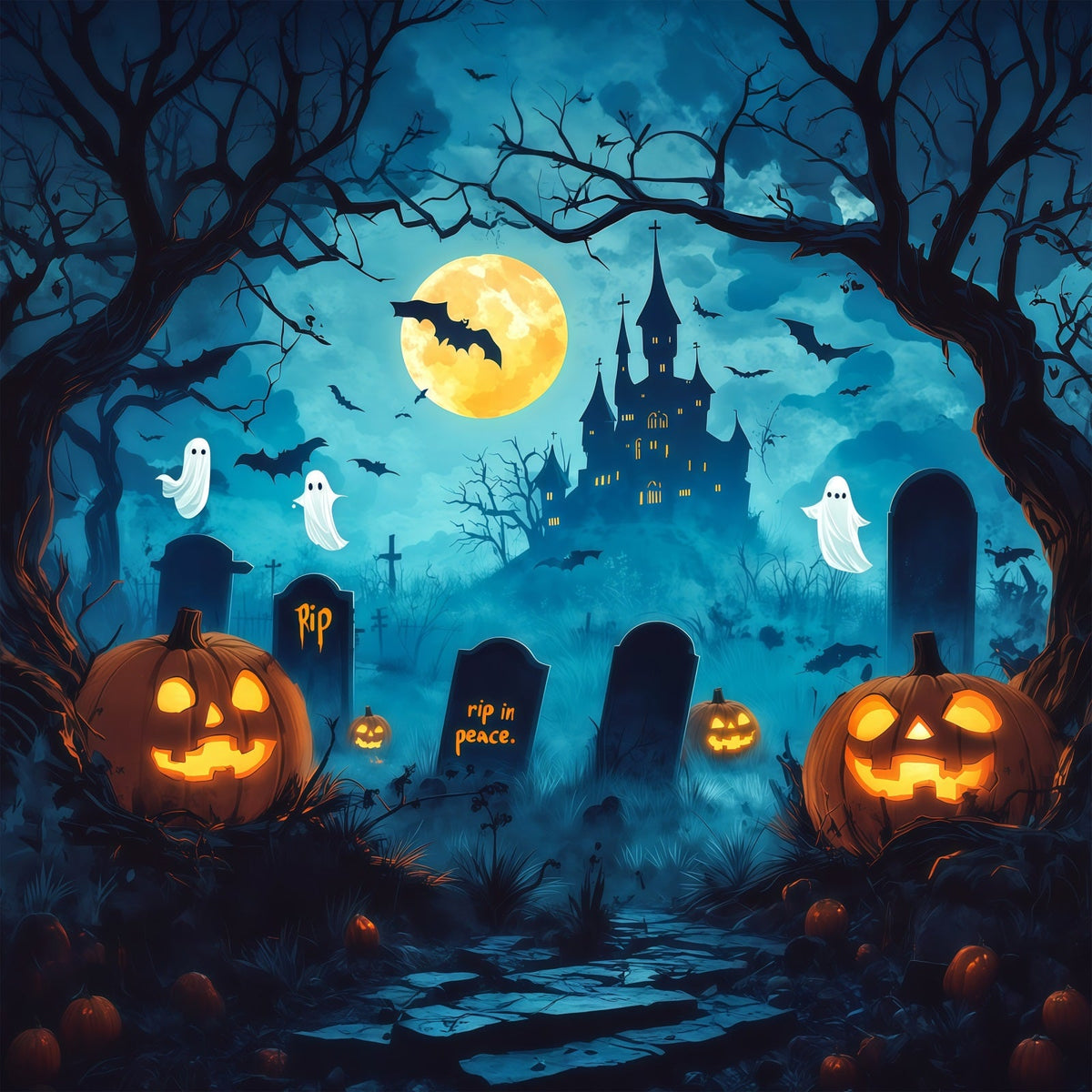 Gruselige Halloween-FotohintergründeCartoon-Schloss Geisterfriedhof Fröhlicher Halloween-Hintergrund RR67-97