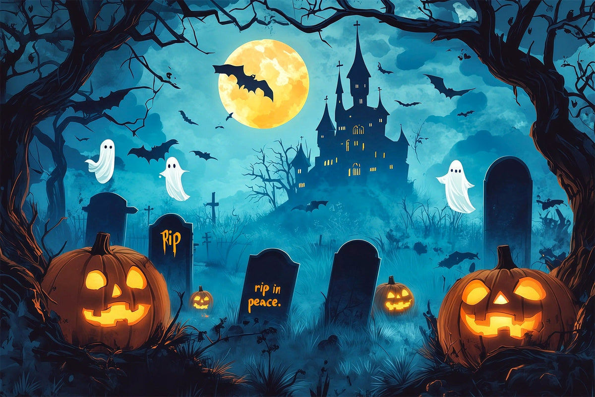 Gruselige Halloween-FotohintergründeCartoon-Schloss Geisterfriedhof Fröhlicher Halloween-Hintergrund RR67-97