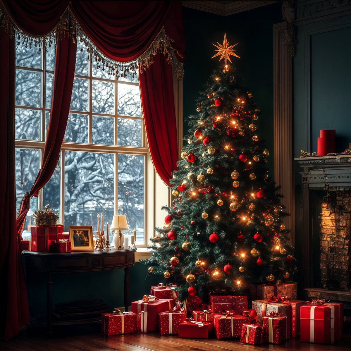 Weihnachtsbaum-Fotohintergrund Immergrüner Baum, Fensterleuchten Weihnachtskulisse RR68-61