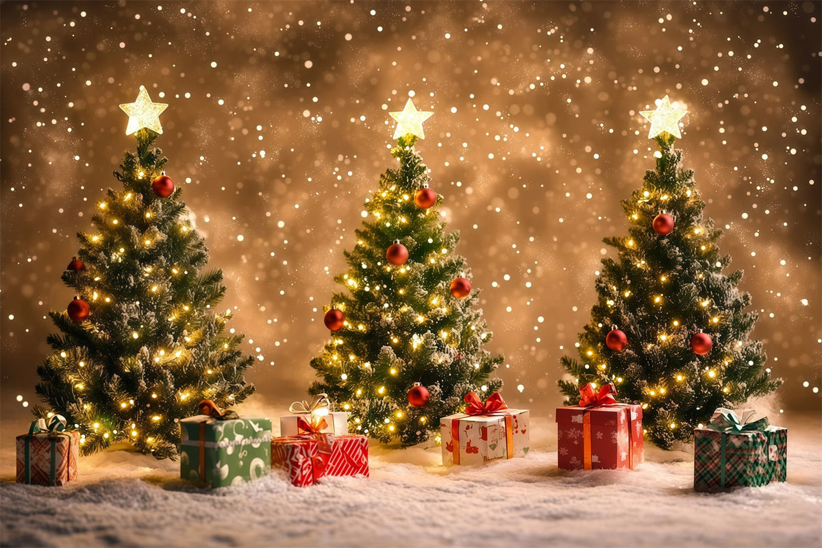 Weihnachtsbaum-Hintergrund Bokeh-Effekt: Verschneite, Leuchtende Bäume Weihnachtshintergründe RR68-74
