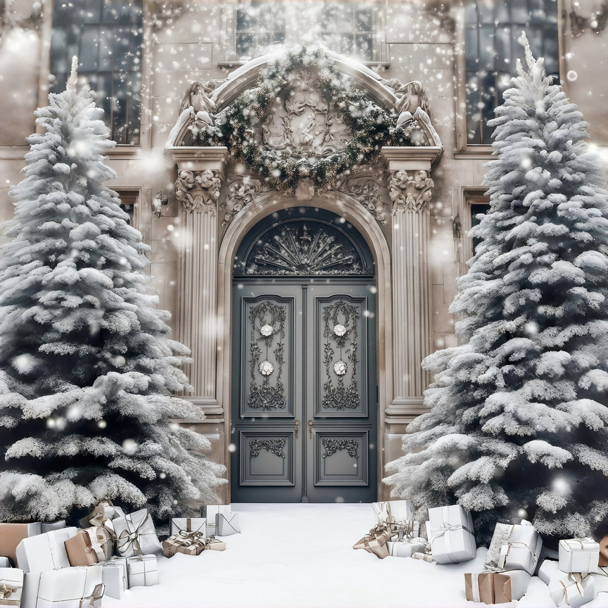 Elegante Weihnachtskulisse Türöffnung Des Verschneiten Herrenhauses Weihnachts-Fotohintergründe RR68-77
