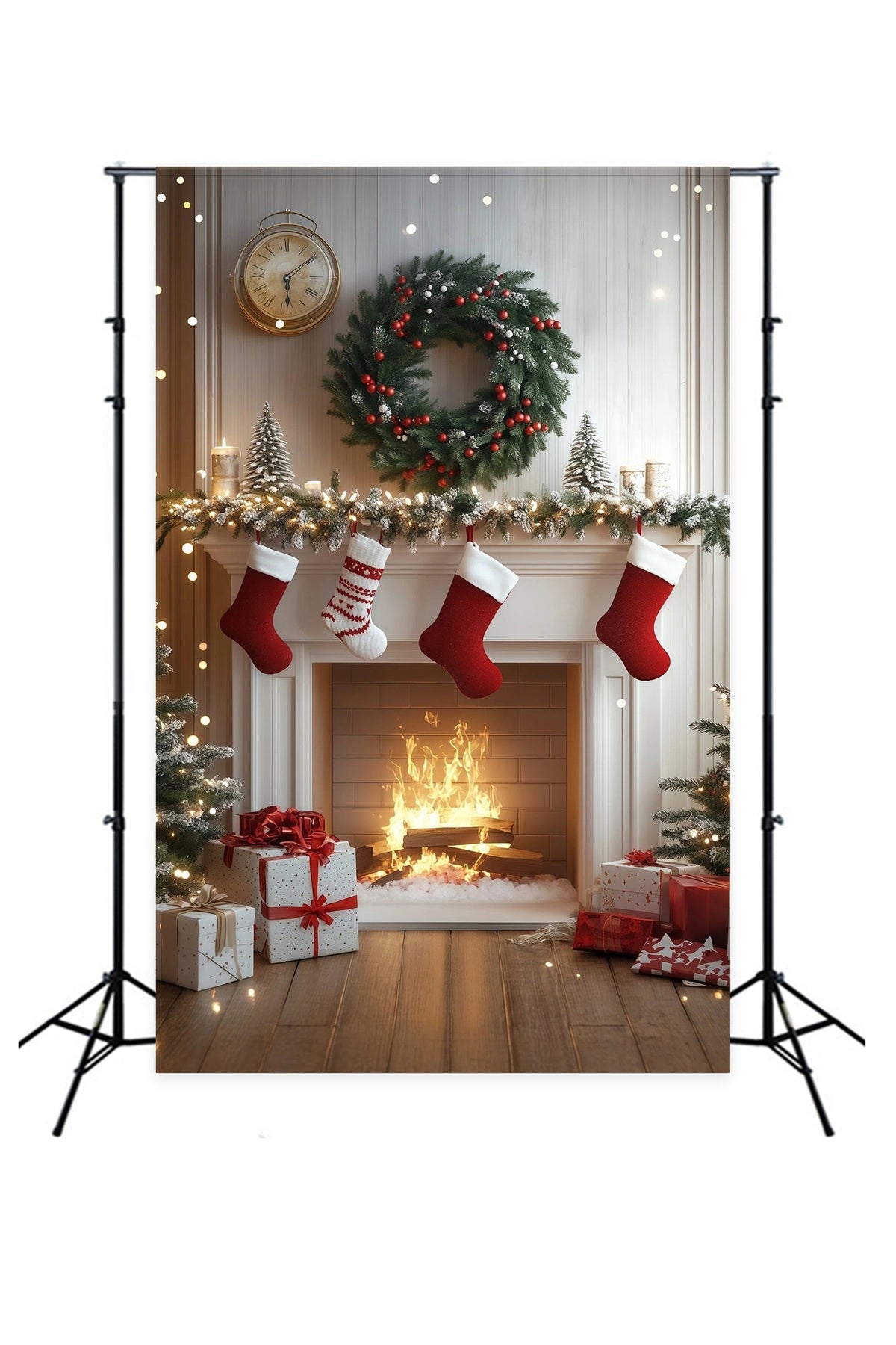 Weiße Weihnachtskulisse Gemütliche Kaminstrümpfe Weihnachts-Fotohintergründe RR68-84