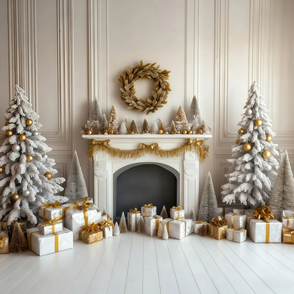 Weihnachtliche Kaminkulisse Retro-Wand Mit Goldenem Kaminsims Weihnachts-Fotohintergründe RR69-108