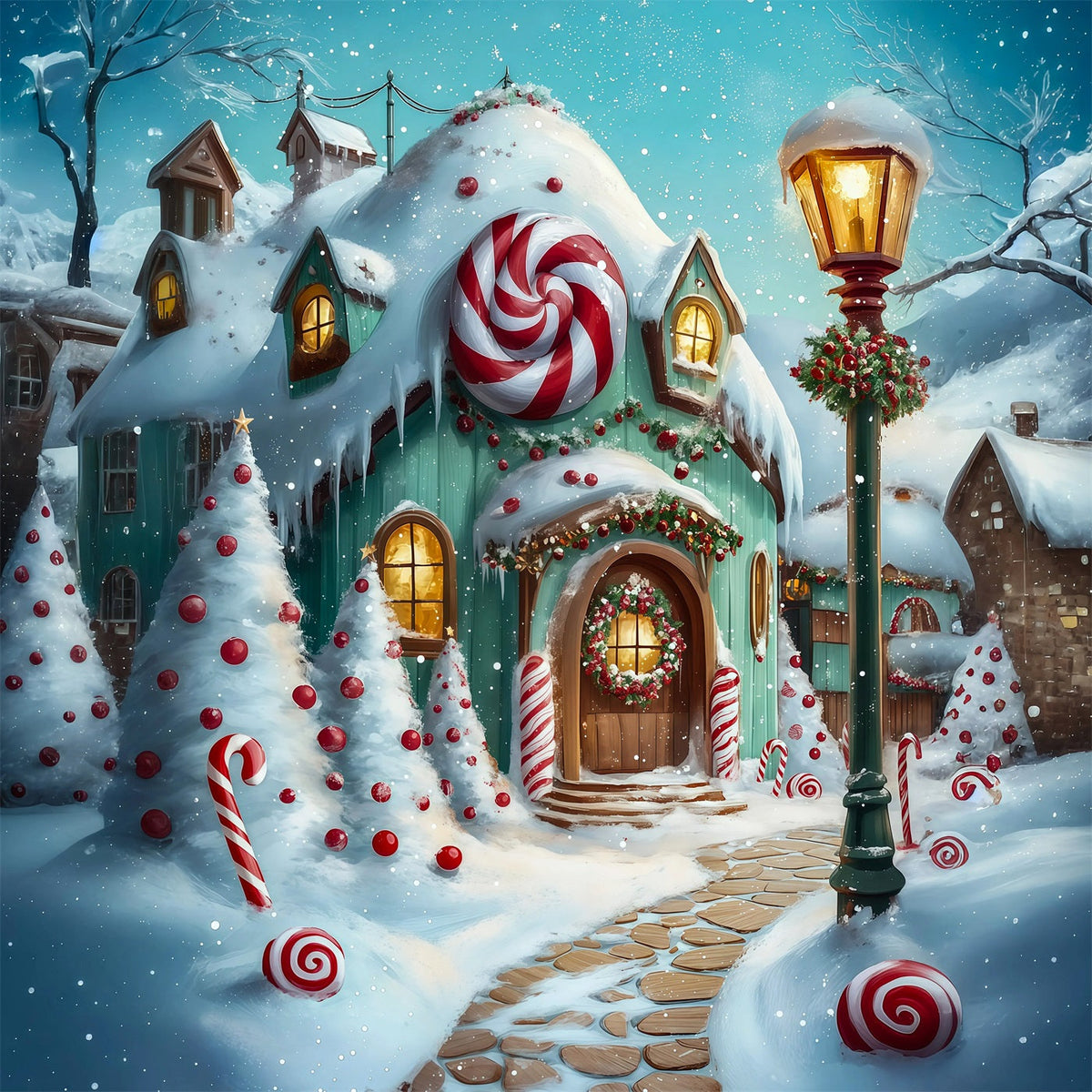 Weihnachtssüßigkeiten-Hintergrund Weg Zum Verschneiten Lebkuchenhaus Weihnachtskulisse Für Den Innenbereich RR69-18