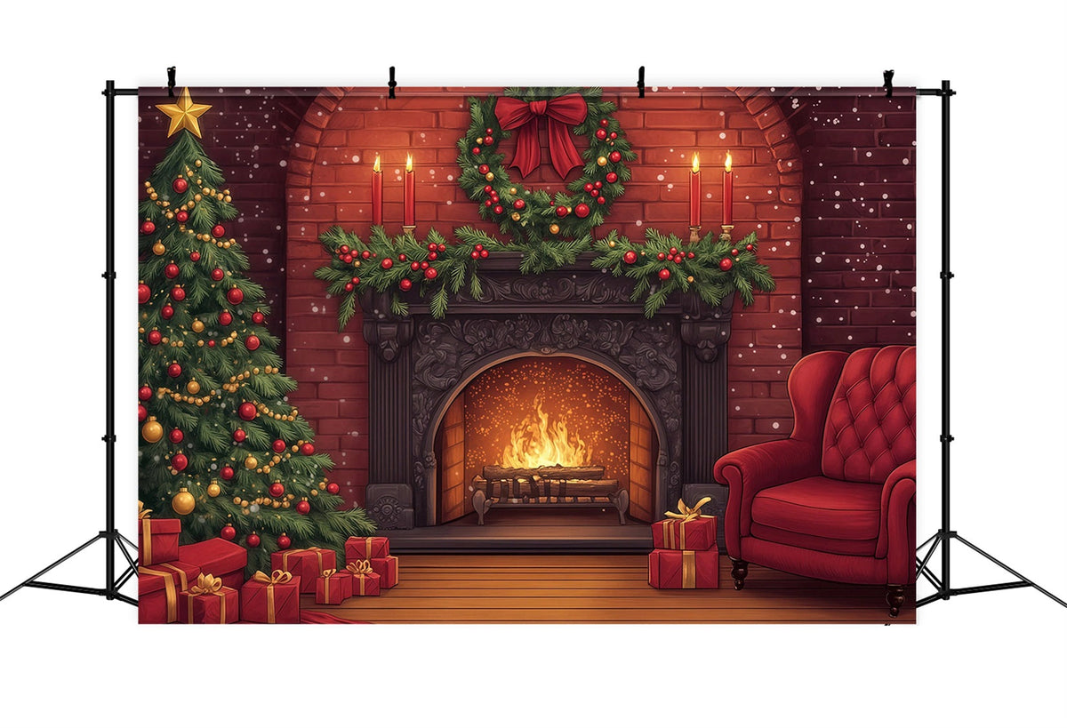 Niedliche Weihnachtskulisse Kamin Aus Ziegelsteinen, Girlande, Glanz Weihnachts-Fotohintergründe RR69-33
