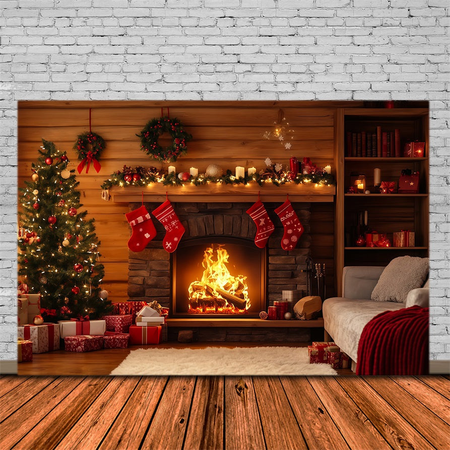 Rustikale Weihnachtskulisse Kamin-Weihnachtsstrumpf-Dekoration Für Hütten Weihnachts-Fotografie-Hintergrund RR69-40